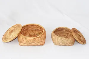 Japanese rattan storage basket set with lid, handcrafted desktop organizer for home snacks.