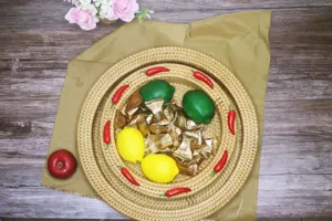 Detailed view of handmade rattan storage basket, natural woven tray for fruit and snacks.