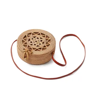 Woven Straw Bag Round Rattan Shoulder Bag Beach Crossbody Bag With Bow For Women Summer Vacation Casual Handbag