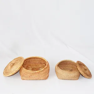 Handcrafted Japanese rattan storage basket set with lid, perfect for desktop and living room.