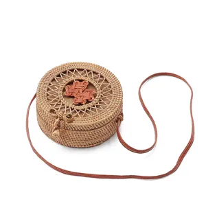 Round rattan straw bag beach shoulder bag with bow and leather strap stylish summer purse
