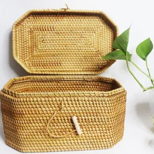 Handmade Woven Rattan Storage Box With Lid Polygon Organizer Natural Rattan Decorative Basket For Cosmetics Jewelry Home