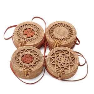 Bali Rattan Round Crossbody Bag Handwoven Straw Beach Shoulder Bag with Cute Bow 20cm