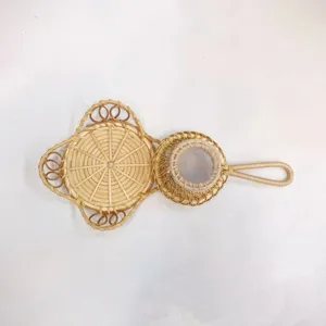 Ensemble de filtre à thé et sous-verre en rotin tissé naturel, accessoire de thé pour table.