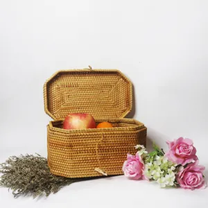 Handmade Rattan Storage Basket with Lid Polygonal Woven Organizer Box for Home Decor