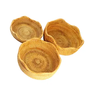 Natural rattan woven fruit basket set of 3, wave edge decorative storage tray for living room.