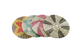 Woven straw hot pad detail, Japanese style kitchen heat insulation mat for plates and pots.