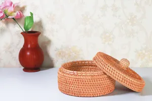 Detailed close-up of a woven rattan storage box lid, natural texture for desktop organization.