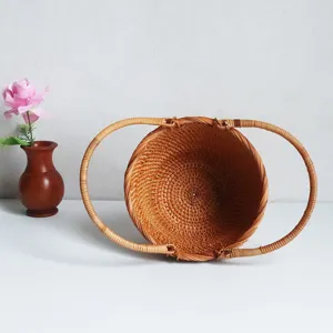 Handmade round rattan woven fruit basket portable storage organizer for home decor