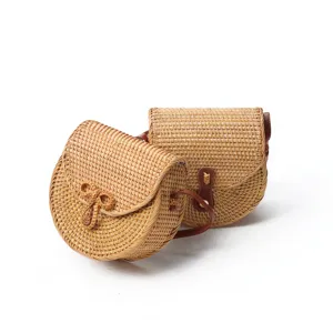 Handwoven rattan half-round crossbody bag retro straw shoulder purse for women summer beach travel
