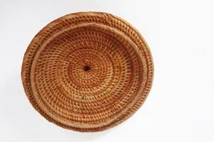 Panier de rangement rond en rotin tissé à la main couvercle de boîte à thé en bambou