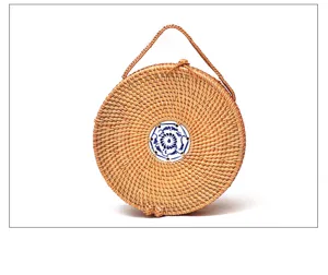 Ronde Geweven Rattan Tas Zomer Strand Handtas Stro Schoudertas Blauw Witte Stijl