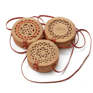 Round rattan woven crossbody bag bohemian style straw shoulder bag handmade beach handbag.