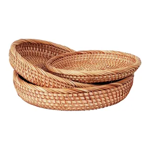 Handcrafted round autumn rattan woven fruit basket set of three for home living room storage.