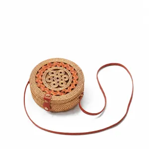 Round rattan woven crossbody bag, vintage bohemian straw shoulder bag for women beach use