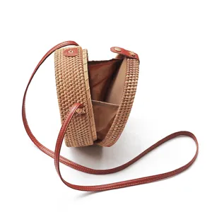 Round rattan crossbody bag, vintage woven straw shoulder bag for women, bohemian beach purse.
