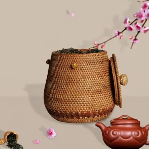 Handgefertigte Rattan Teedose Aufbewahrungsglas mit Deckel fuer losen Tee und Zubehoer.