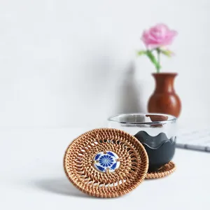 Handcrafted Rattan Woven Cup Coaster With Blue White Porcelain Insert Round Heat Resistant Tea Mat For Home Kitchen Table