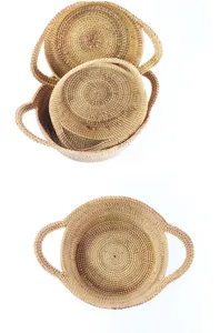 Handgefertigter runder Rattan-Aufbewahrungskorb Obstschale mit Doppelgriffen 3er-Set
