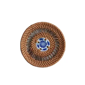 Round Woven Rattan Coaster with Blue and White Porcelain Center Heat Resistant Tea Cup Mat