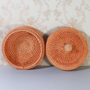Round Woven Rattan Storage Box with Lid Desktop Organizer for Sundries and Dried Nuts