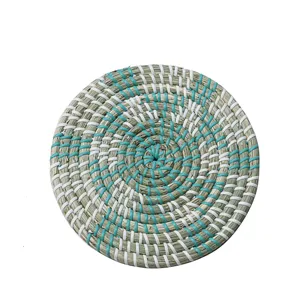 Woven straw placemat round heat resistant pad for kitchen pots dishes and hot kettles home