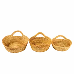 Handgemachter Rattan Obstkorb 3er-Set, dekorativer Aufbewahrungskorb fuer Snacks.