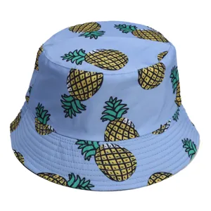Blauwe vissershoed met ananas print, stijlvolle dubbelzijdige zonnehoed voor lente en herfst.