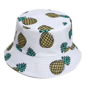 Witte katoenen vissershoed met schattige gele ananasprint, trendy casual zonnehoed.