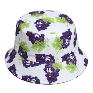 Leuke cartoon druiven print vissershoed, witte casual zonnehoed met leuk fruit patroon.