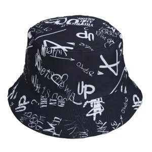 Zwarte graffiti vissershoed voor heren en dames, trendy streetwear zonbescherming emmerhoed.