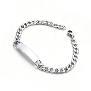 Minimalist Stainless Steel Cuban Link ID Bracelet For Men Women Hip Hop Engravable Blank Curved Bar Curb Chain Bracelet Jewelry Gift