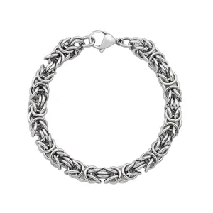 Men's stainless steel Byzantine chain bracelet detail view, vintage silver interlocking rings.