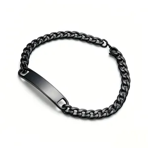 Men black stainless steel Cuban chain curved plate bracelet detail shot for hip-hop style.