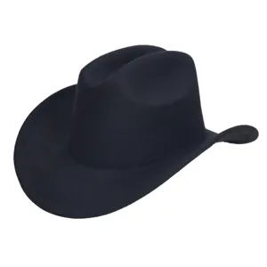 Zwarte wolvilten western cowboyhoed detail, klassieke gebogen rand stijlvolle fedora.