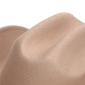 Detailopname van de beige wollen vilt cowboyhoed, die fijne textuur en mooie vouw details toont.