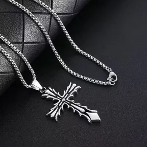 Gothic Vintage Titanium Steel Cross Pendant Necklace For Men Women Hip Hop Electroplated Alloy Rhinestone Box Chain Necklace Jewelry