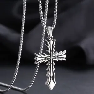 Vintage gothic cross pendant necklace, stylish hip-hop silver metal chain accessory for daily wear.