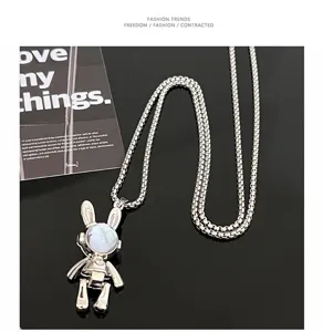 Collier pendentif lapin mécanique pour homme et femme, bijoux argentés style hip-hop.
