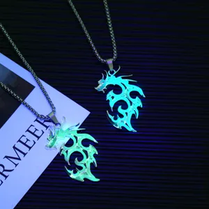 Trendy luminous flame dragon necklace for men, cool glowing dragon pendant sweater chain.