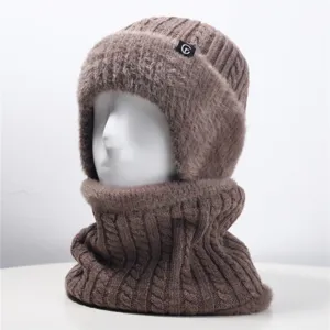 Winter warme Strickmütze Schal Set für Herren dicker Plüsch Fleece Ohrklappe Mütze