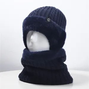 Winter warme gestrickte Mütze und Schal Set für Senioren, dickes Plüschfutter, dunkelblau.