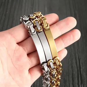 Men's stainless steel Byzantine chain bracelet with blank ID plate hip hop jewelry style.