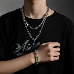 Edelstahl Lagige Kubanische Kette Halskette Armband Set Kreuz Anhänger Hip Hop Schmuck