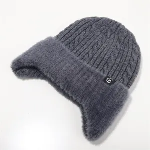 Winter warme Strickmütze mit Fleecefutter und Ohrenklappen, dicke kuschelige graue Mütze für Kälte.
