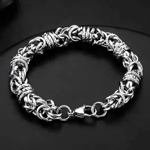 Men's vintage silver tone metal woven chain bracelet, heavy interlocking link fashion bangle for men.