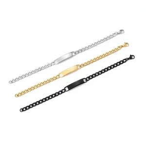 Men stainless steel Cuban link ID bracelet set in silver gold and black minimalist style.