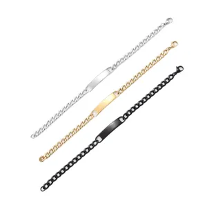 Stainless steel Cuban chain ID bracelet for men, sleek hip-hop style jewelry in three colors.