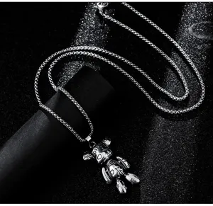Hip hop titanium steel violent bear pendant necklace with letter print streetwear jewelry