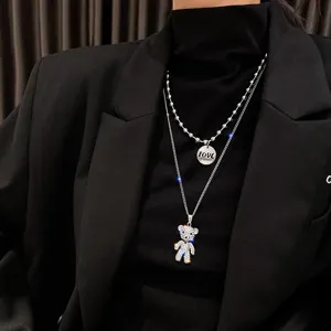 Doppelter Bär Lagenlook Halskette Damen Strass Anhänger Mode Schlüsselbein Kette